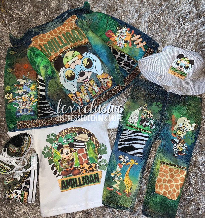 SHOES & Hat NOT Included Birthday Boy or Girl Distressed Denim JacketVest Tee JeansShorts Safari Animals