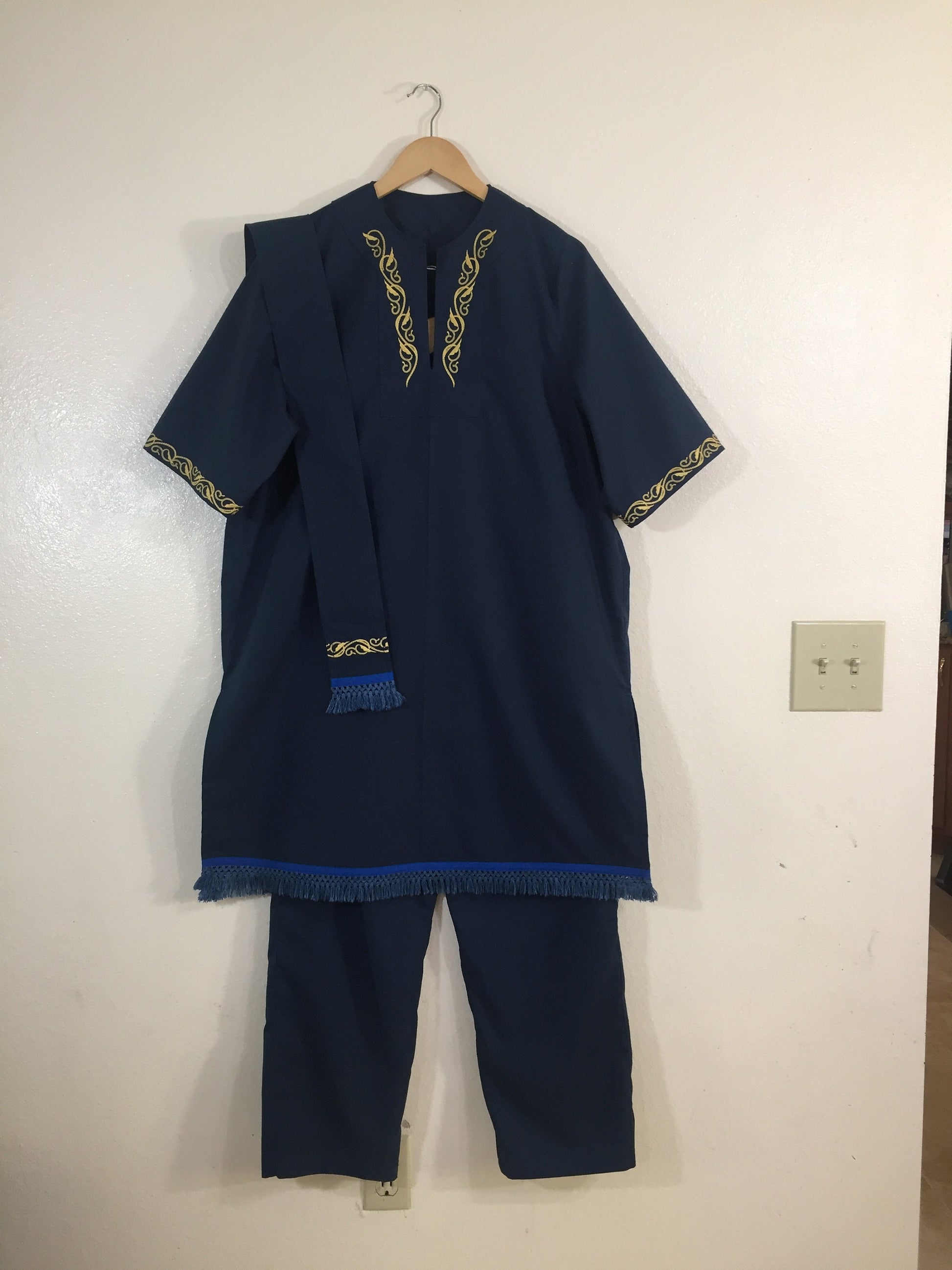 3 Pc Navy Blue Set with Gold embroidery