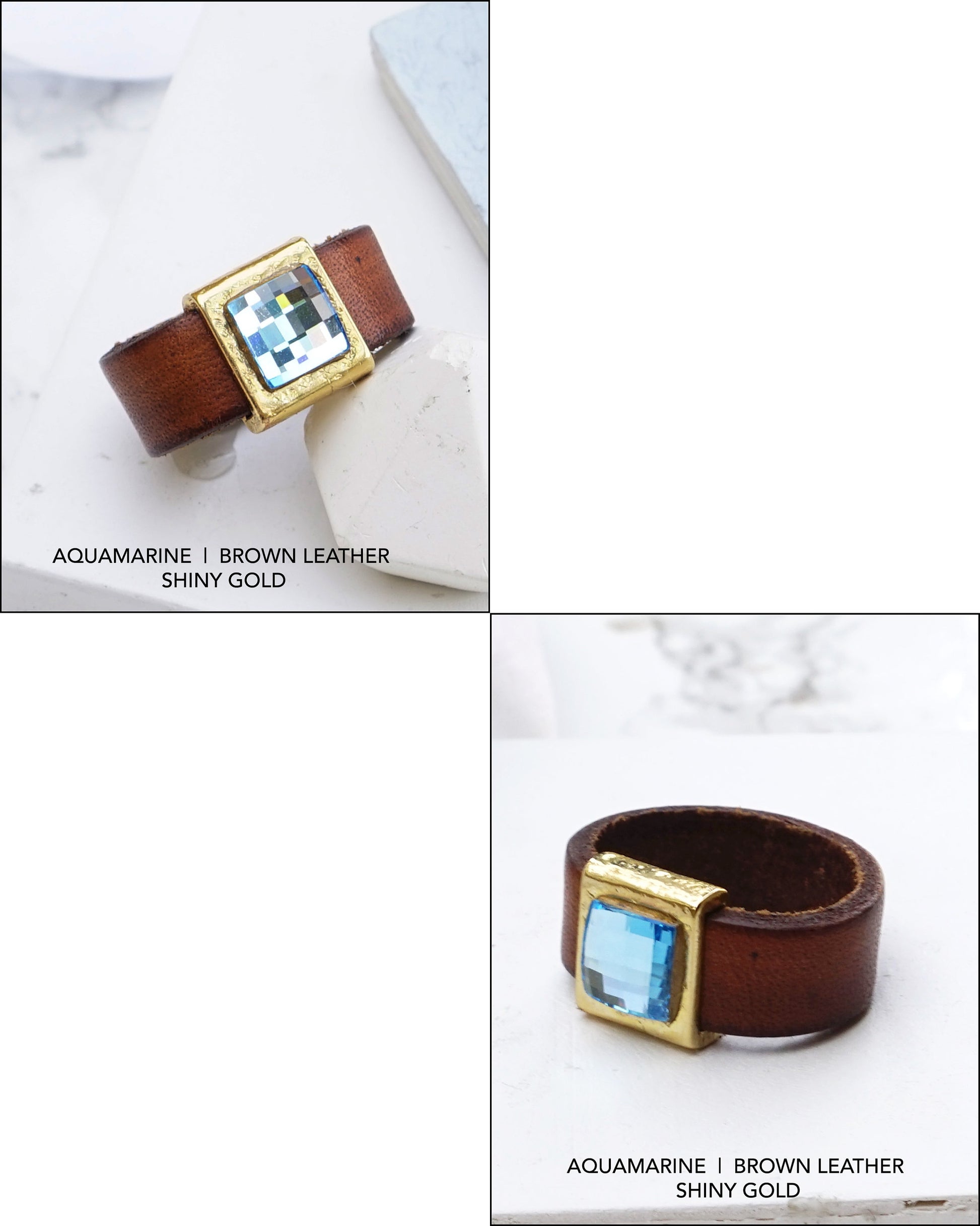 Black Leather Band Rings With Crystal