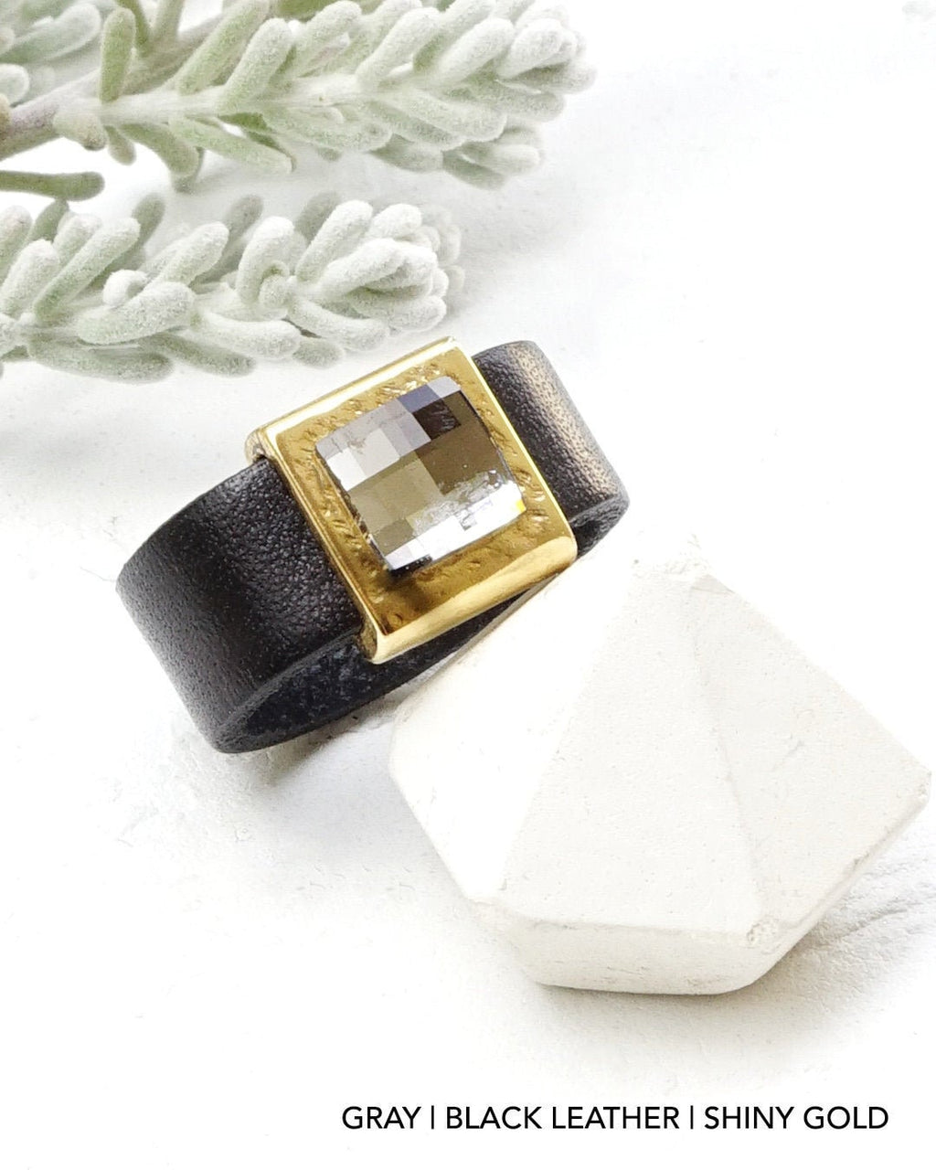Black Leather Band Rings With Crystal