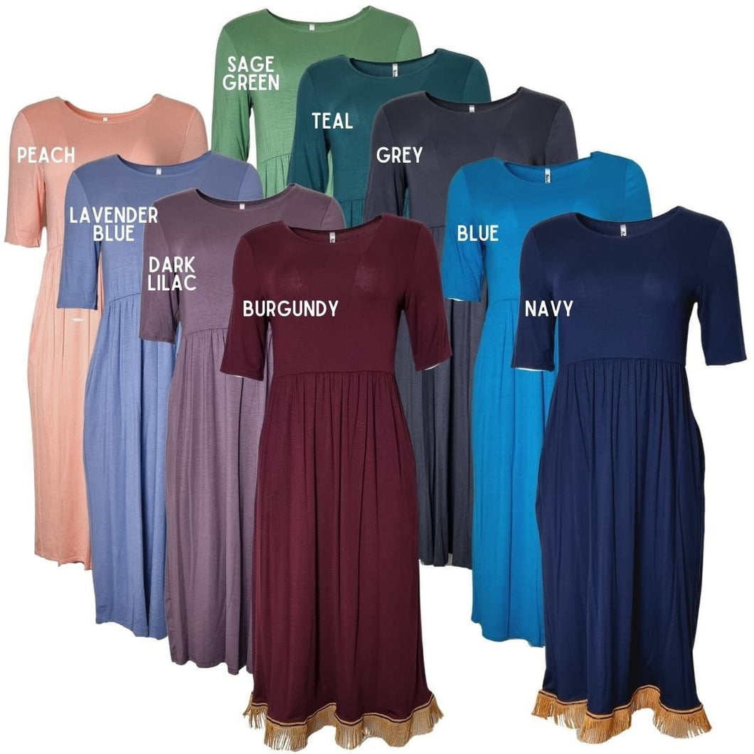 Women's Elastic Waist Midi Dress With Pockets (9 Colours) with Fringes