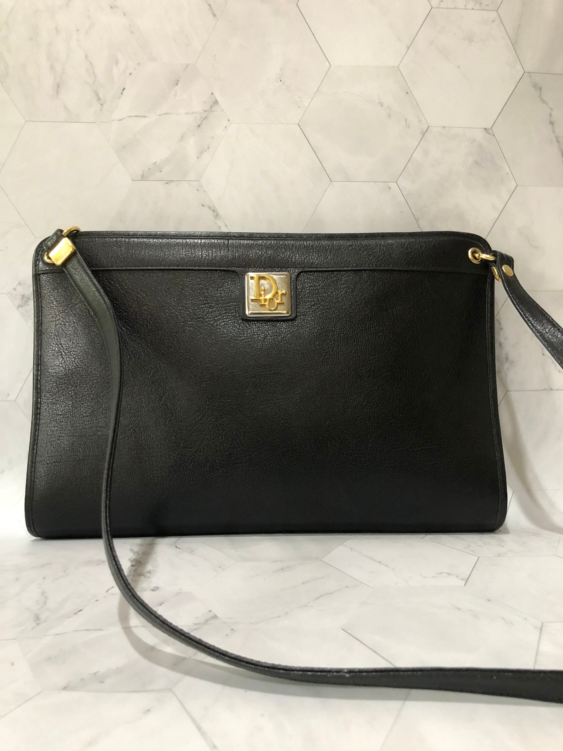 Vintage Christian Dior Shoulder Bag Authentic Black Leather Clutch