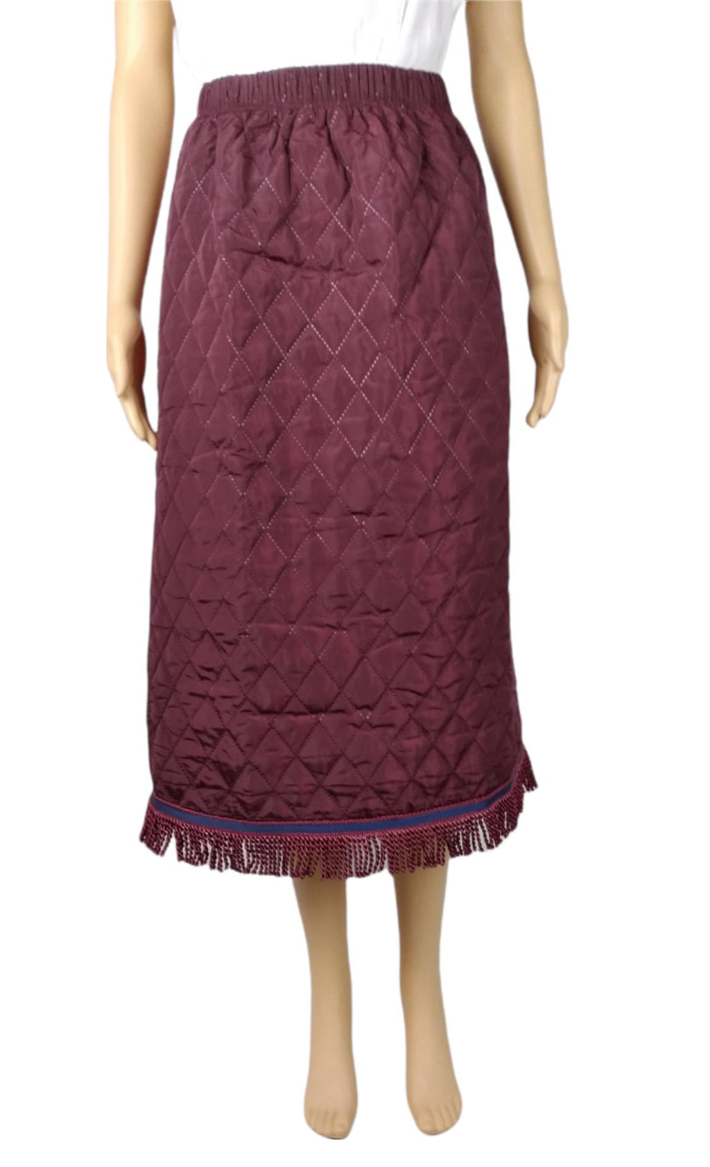 Quilted Burgundy Midi Skirt with Matching Fringes
