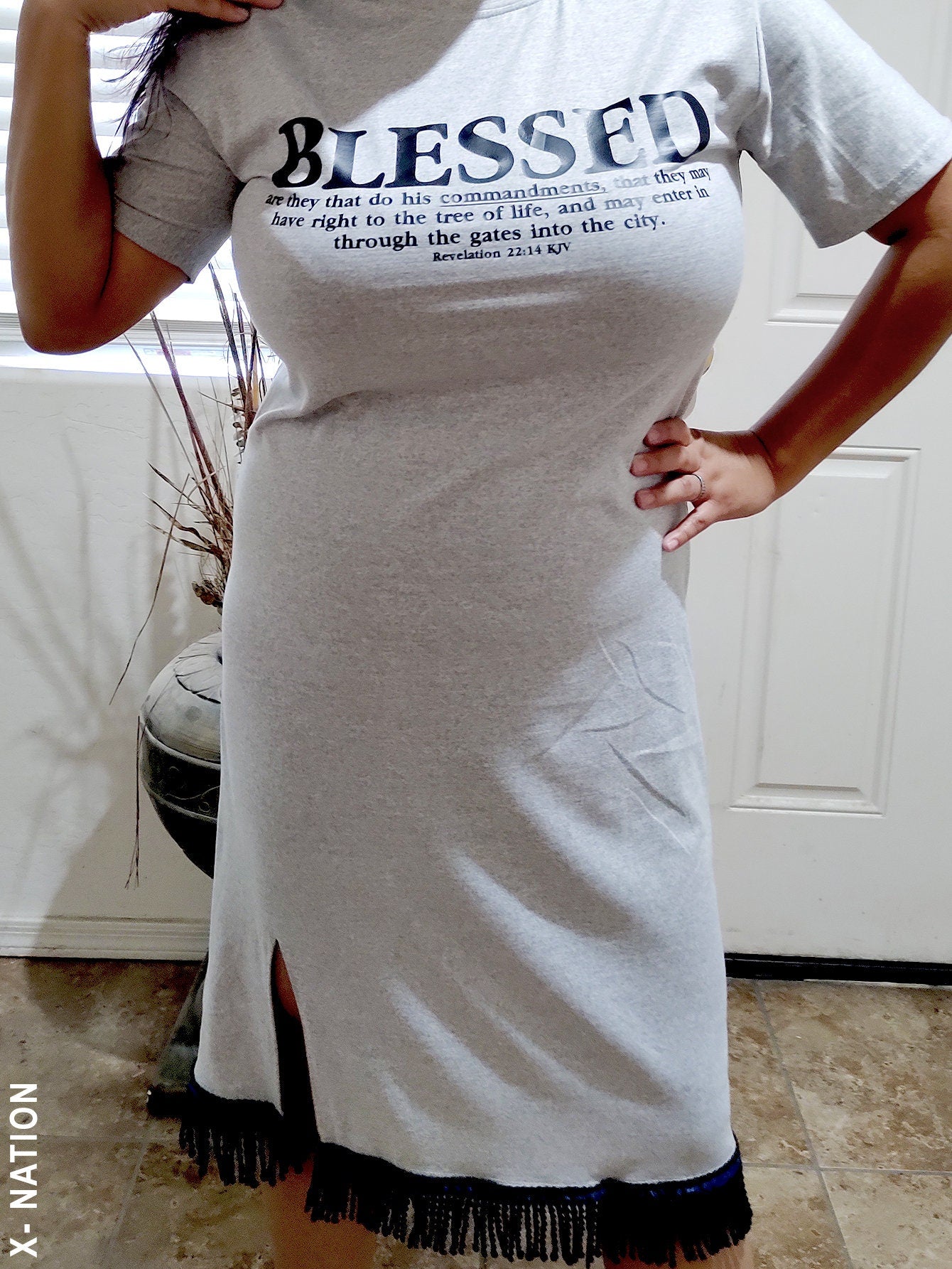 X Nation Hebrew Israelite Women's Blessed T Shirt Dress, with Fringes