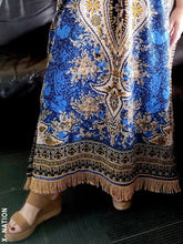 画像をギャラリービューアに読み込む, Hebrew Israelite Women&#39;s Blue &amp; Gold Kaftan Dress, With Gold Fringes
