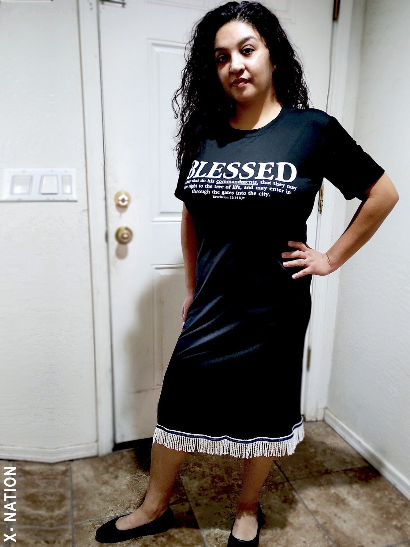 X Nation Hebrew Israelite Women's Blessed T Shirt Dress, with Fringes