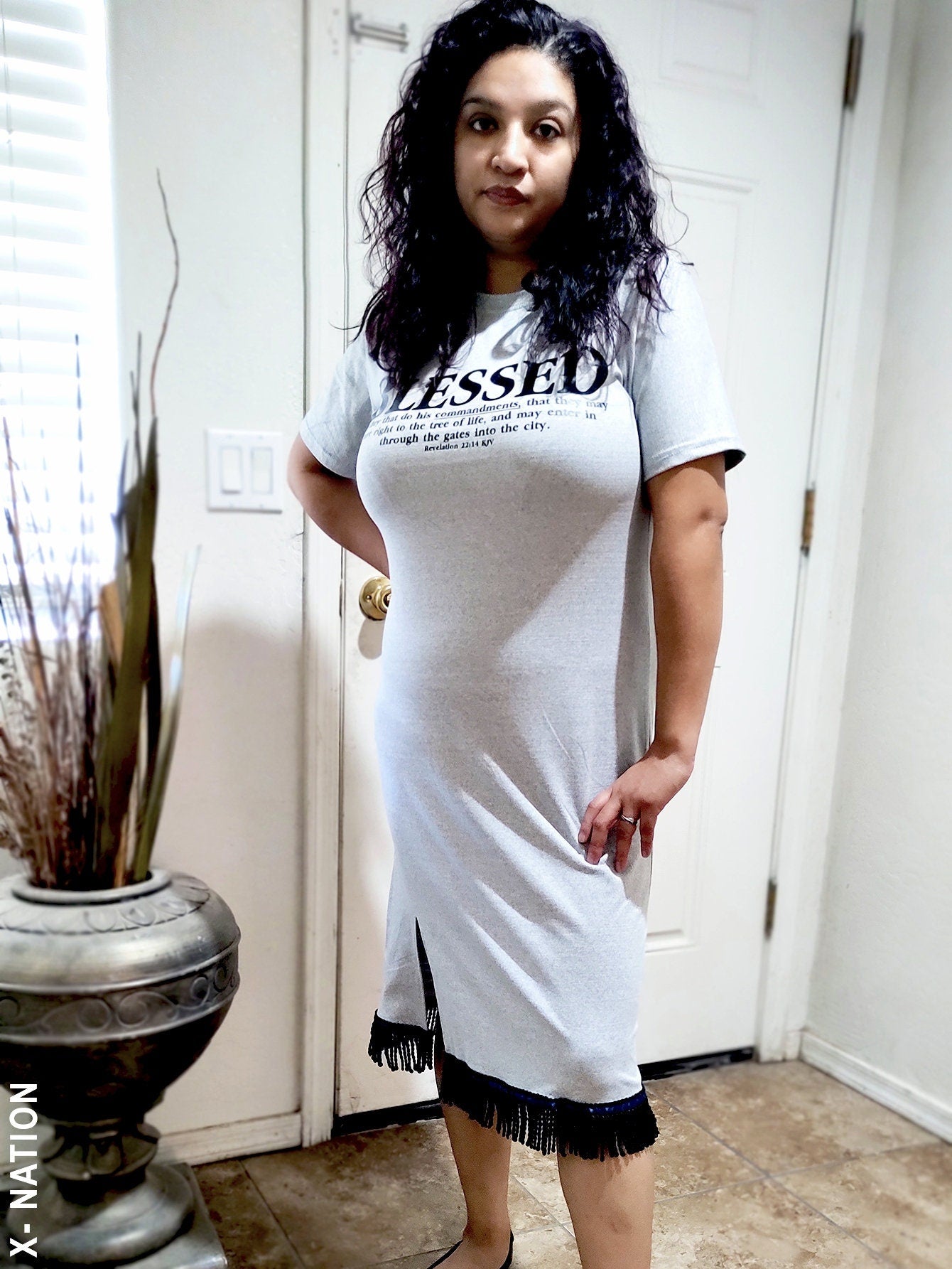 X Nation Hebrew Israelite Women's Blessed T Shirt Dress, with Fringes