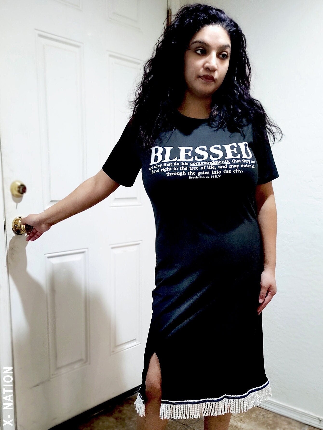 X Nation Hebrew Israelite Women's Blessed T Shirt Dress, with Fringes