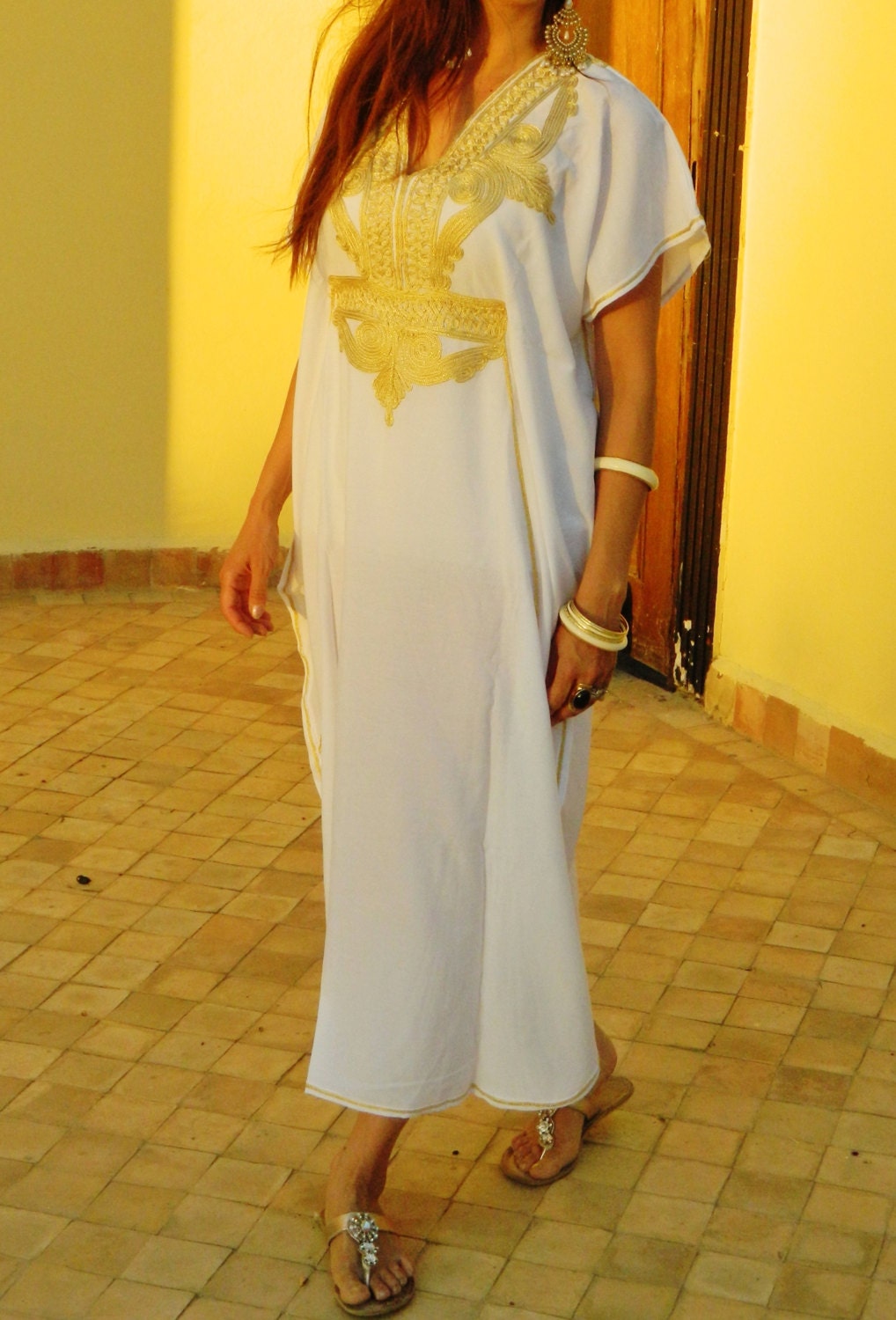 Winter Winter White Caftan Kaftan Maxi Dress - White with Gold