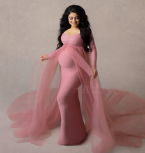 Load image into Gallery viewer, Maternity Long Baby Shower, Photography Cotton Dress With Cape Long Train - slvhasitall
