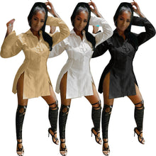 画像をギャラリービューアに読み込む, New Women Solid Color Side Slit Long Sleeve Button Up Sexy Blouse Dress
