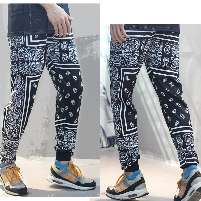 Men Hip Hop Polyester Paisley Bandana Print Jogger Sweatpants - slvhasitall