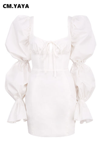 Women Solid Puff Sleeve Sexy Mini Fashion Vestidos Dress - slvhasitall