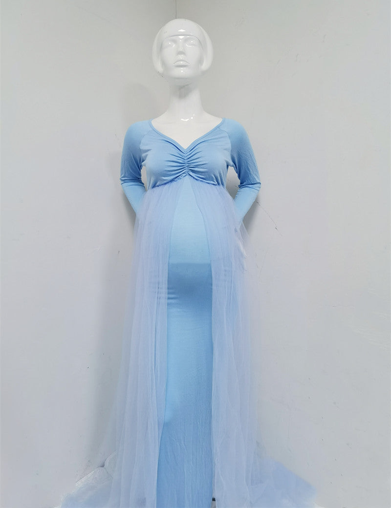 Maternity Long Baby Shower, Photography Cotton Dress With Cape Long Train - slvhasitall