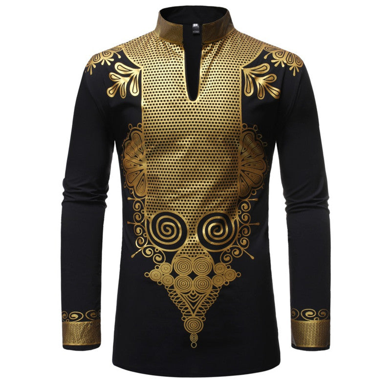 African Black & Gold Long Sleeve Dashiki Garment Dress Shirt - slvhasitall