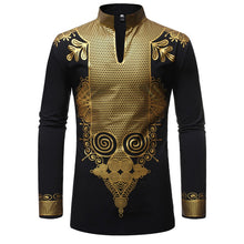Load image into Gallery viewer, African Black &amp; Gold Long Sleeve Dashiki Garment Dress Shirt - slvhasitall

