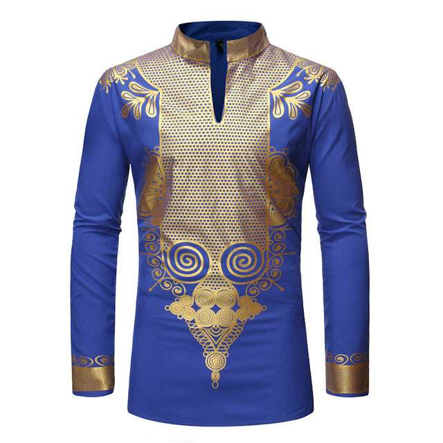 African Black & Gold Long Sleeve Dashiki Garment Dress Shirt - slvhasitall