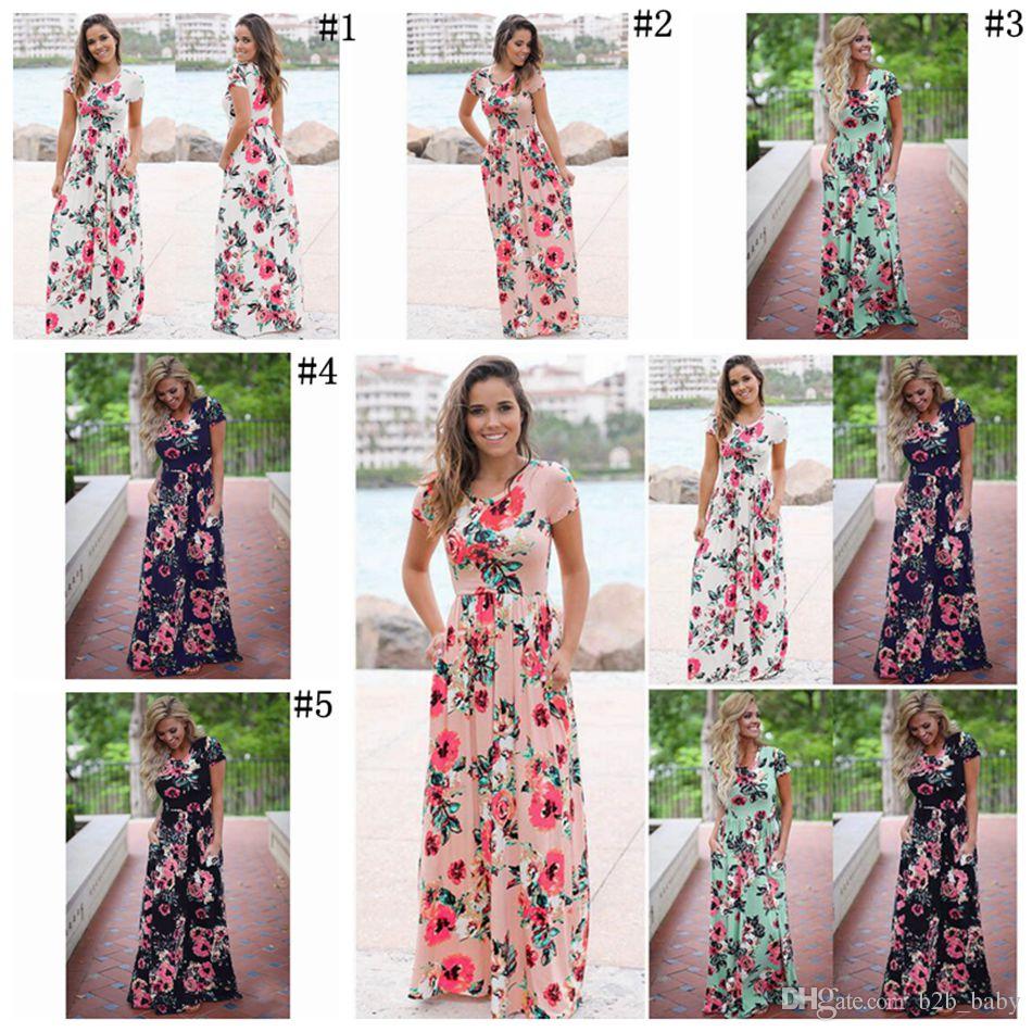 Women Floral Print Short Sleeve Long Maxi Summer Evening Gown