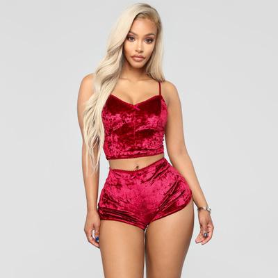 Women Outfits Velvet Sexy V Neck Spaghetti Straps Crop Top + Shorts Tracksuit Night Club Party Sets Summer Sleepwear Cloth Two Piece EEA1684