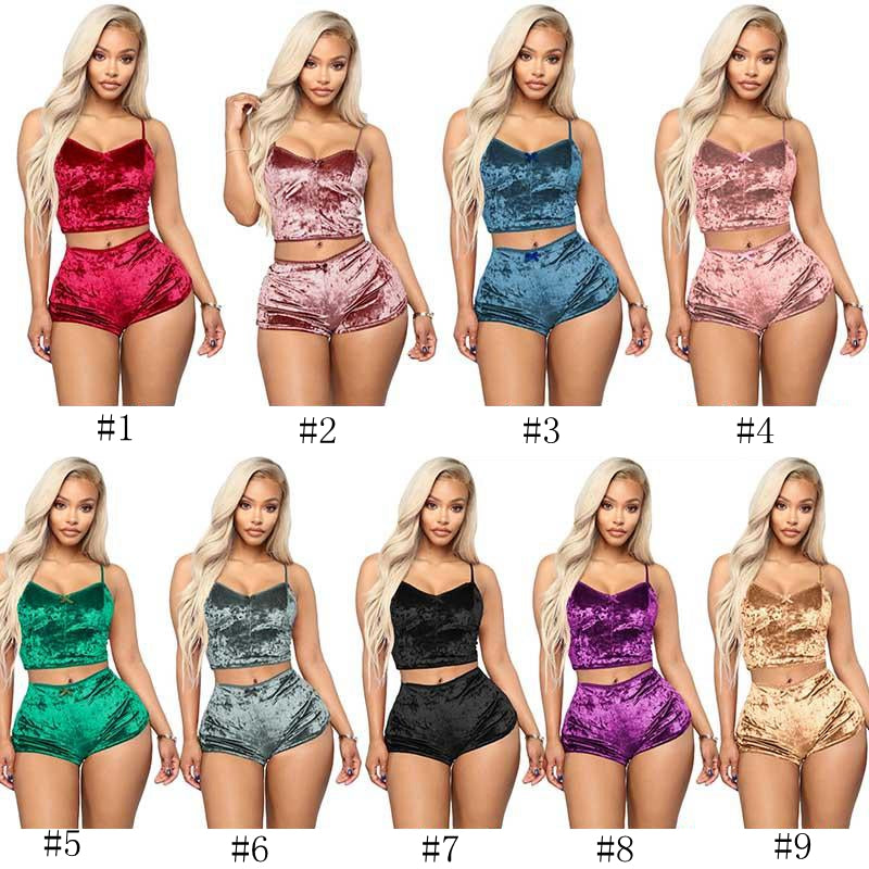 Women Outfits Velvet Sexy V Neck Spaghetti Straps Crop Top + Shorts Tracksuit Night Club Party Sets Summer Sleepwear Cloth Two Piece EEA1684