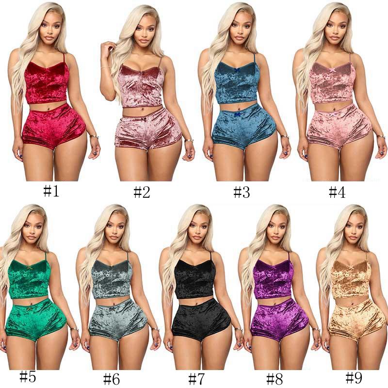Women Outfits Velvet Sexy V Neck Spaghetti Straps Crop Top + Shorts Tracksuit Night Club Party Sets Summer Sleepwear Cloth Two Piece EEA1684