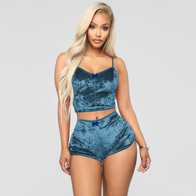 Women Outfits Velvet Sexy V Neck Spaghetti Straps Crop Top + Shorts Tracksuit Night Club Party Sets Summer Sleepwear Cloth Two Piece EEA1684
